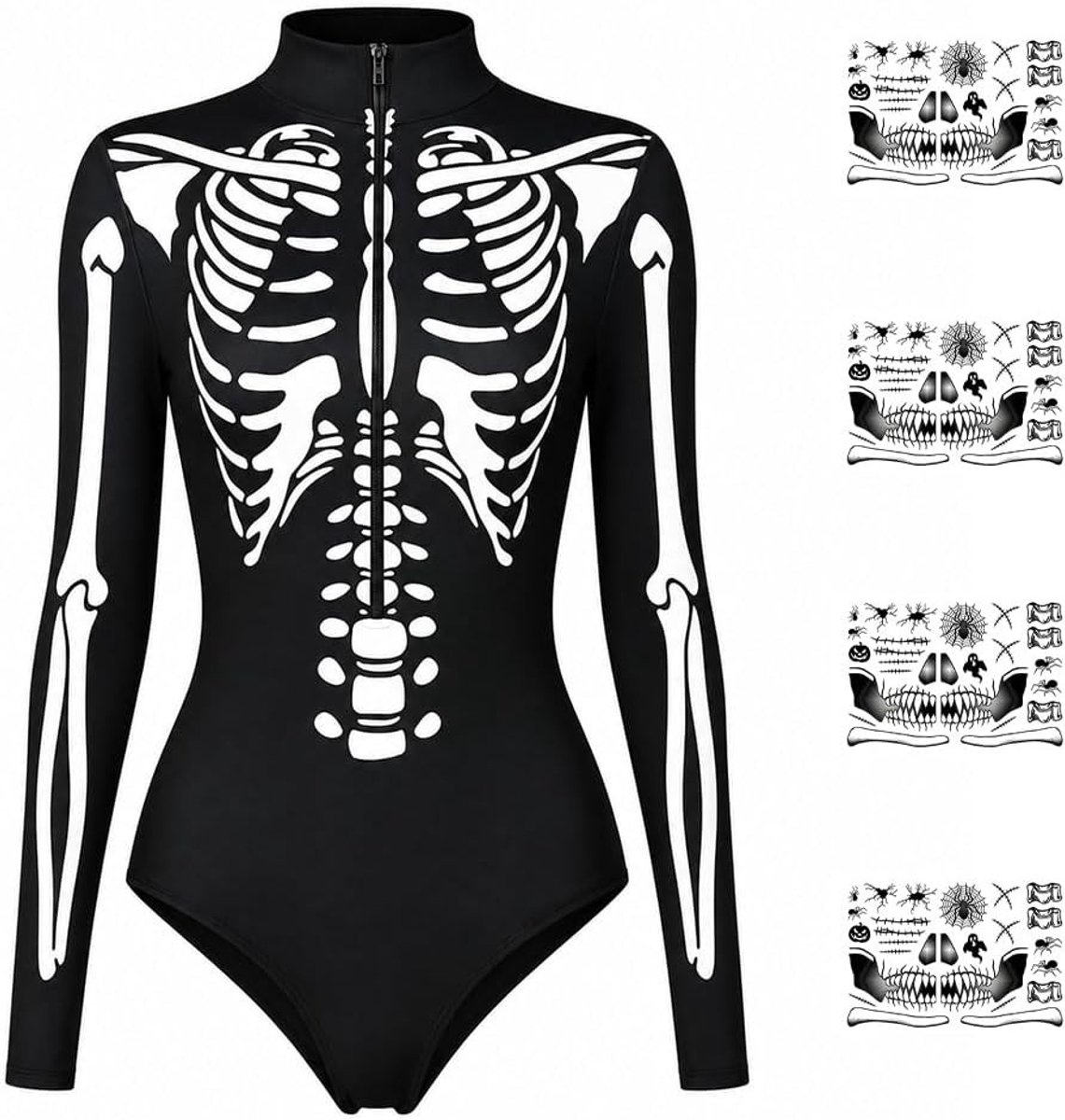 Dames skeletkostuum met tattoo-stickers, perfect voor Halloween en themafeesten, XL formaat