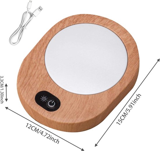 Verwarmde onderzetter / USB-mokverwarmer voor op het bureau - Houtlook - Constante temperatuur van 55-65°C - Geschikt voor koffie, cacao, melk en thee - Voor thuis en op kantoor - Werkt zonder batterijen — afbeelding 5