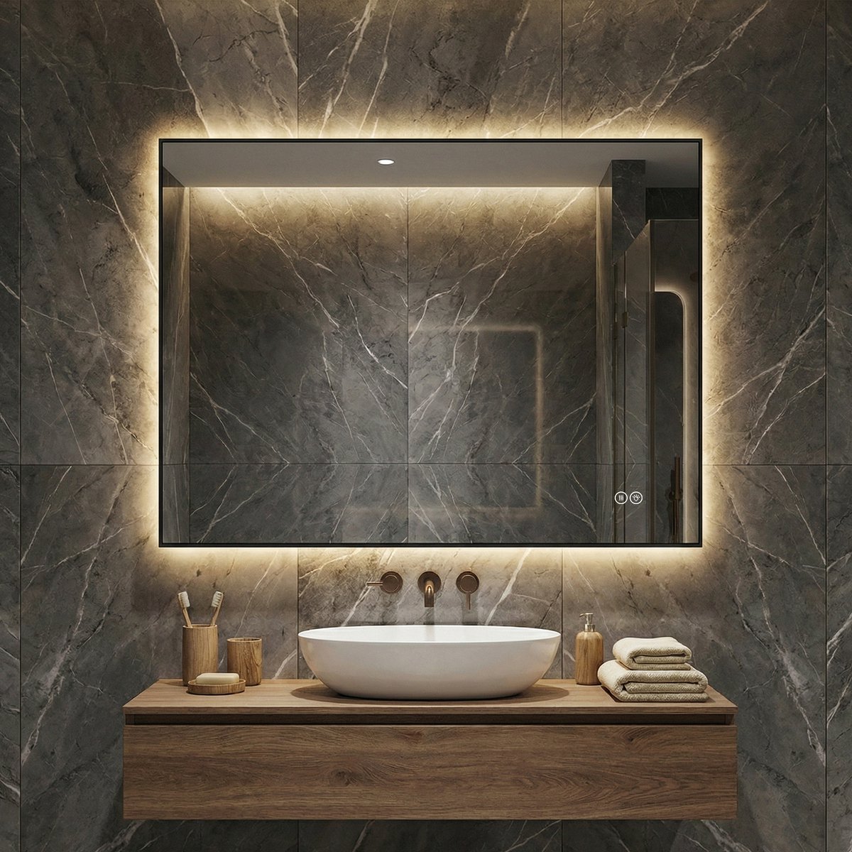 LED-badkamerspiegel 60x80 cm met aluminium frame, achtergrondverlichting, anti-condens, 3 lichtkleuren, traploos dimbaar, geheugenfunctie, 5 mm kopervrije zilveren spiegel