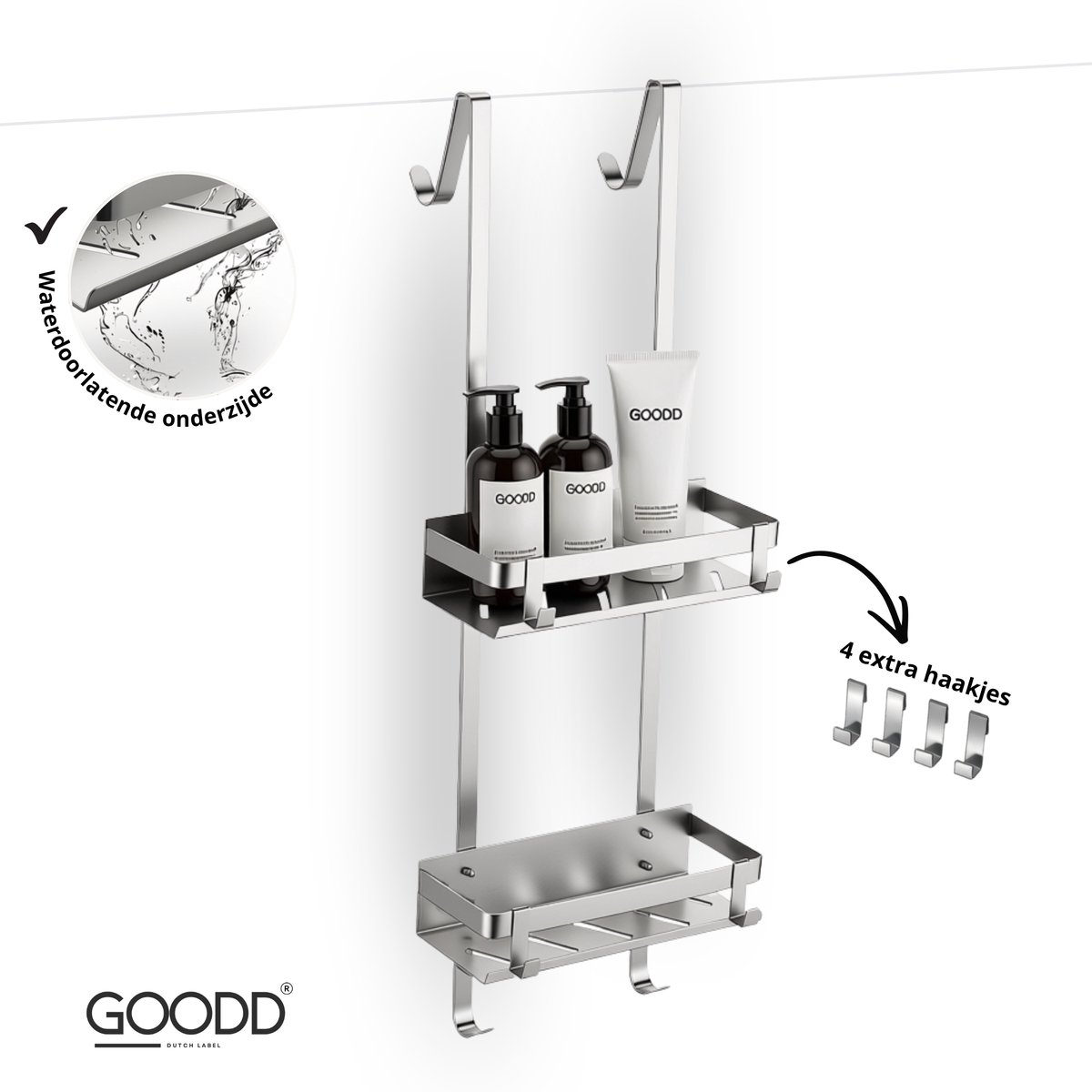 GOODD® - Doucherekjes - Doucherek - Anti kras - Twee laags - Hangend - 4 extra haakjes - Zilver