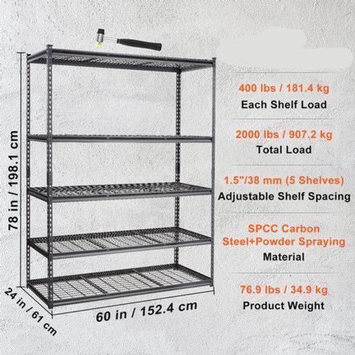 Opbergrek – Opbergrek Met Schappen – Stellingrek – Opslagrek – Verstelbaar – 5 Schappen Met 181 Kg Draagvermogen – Staal Met Poedercoating - 24 x 60 x 78 inch