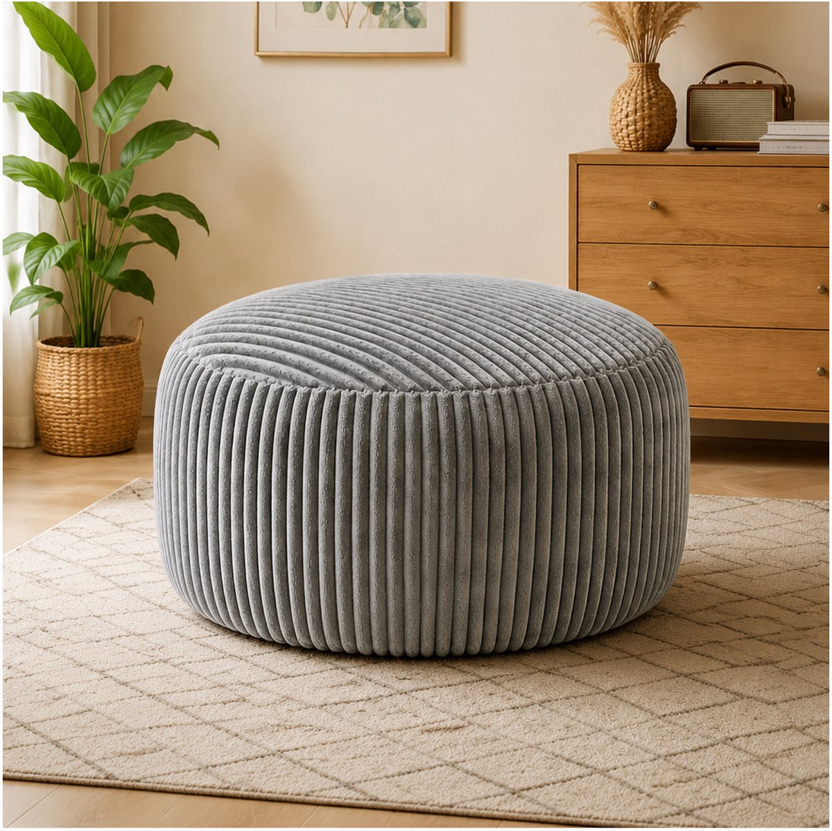 REDOM - Zitzak - Ronde vorm - Traagschuimvulling - Ribstof - Voor binnen - Volwassenen - Lichtgrijs - 100 x 100 x 50 cm