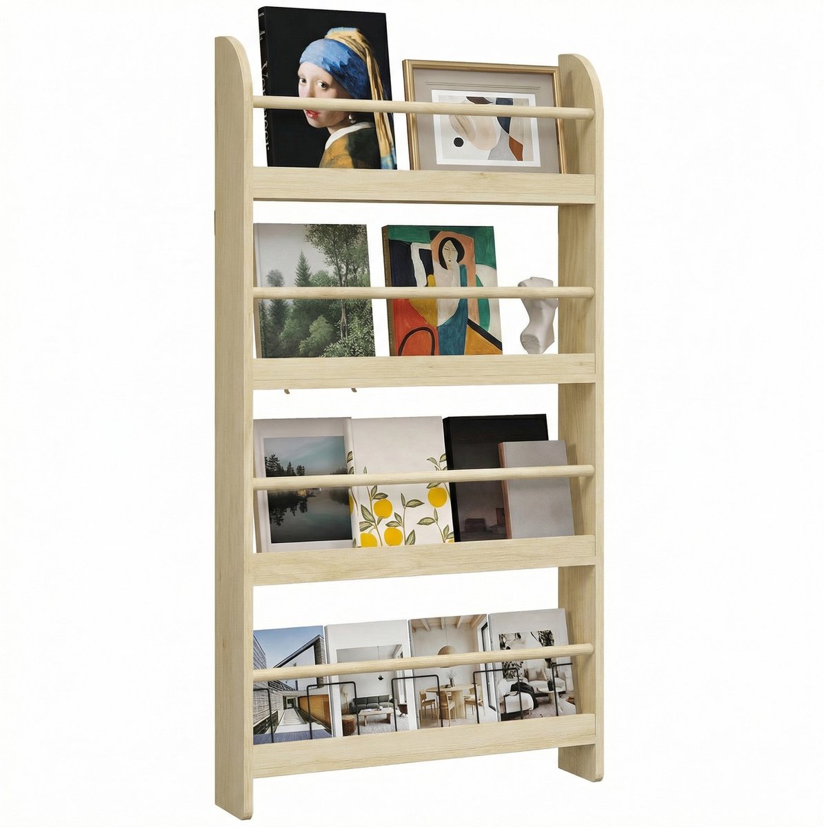 ECTEATOY® Boekenrek - kinderboekenkast - wand met 4 planken - MDF en grenen - 59x12x113 cm - naturel