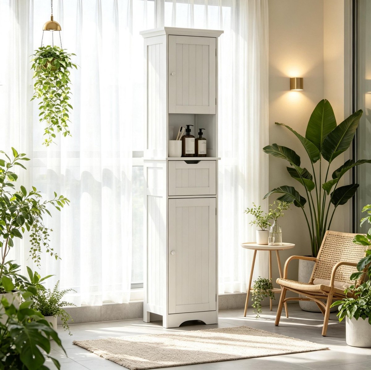 REDOM - Badkamerkast - Smal vrijstaand model - LED-verlichting met bewegingssensor - 2 deuren en lade - Verstelbare plank - MDF - Wit - 40 x 30 x 170 cm