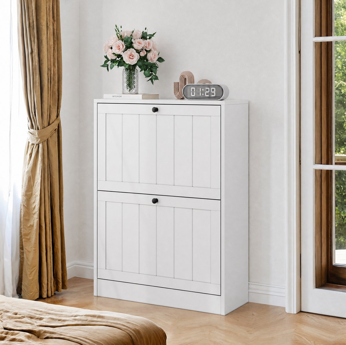 REDOM - Schoenenkast - Vrijstaand - 2 klaplades met verstelbare vakken - Moderne stijl - MDF en spaanplaat - Wit - 60 x 24 x 80 cm