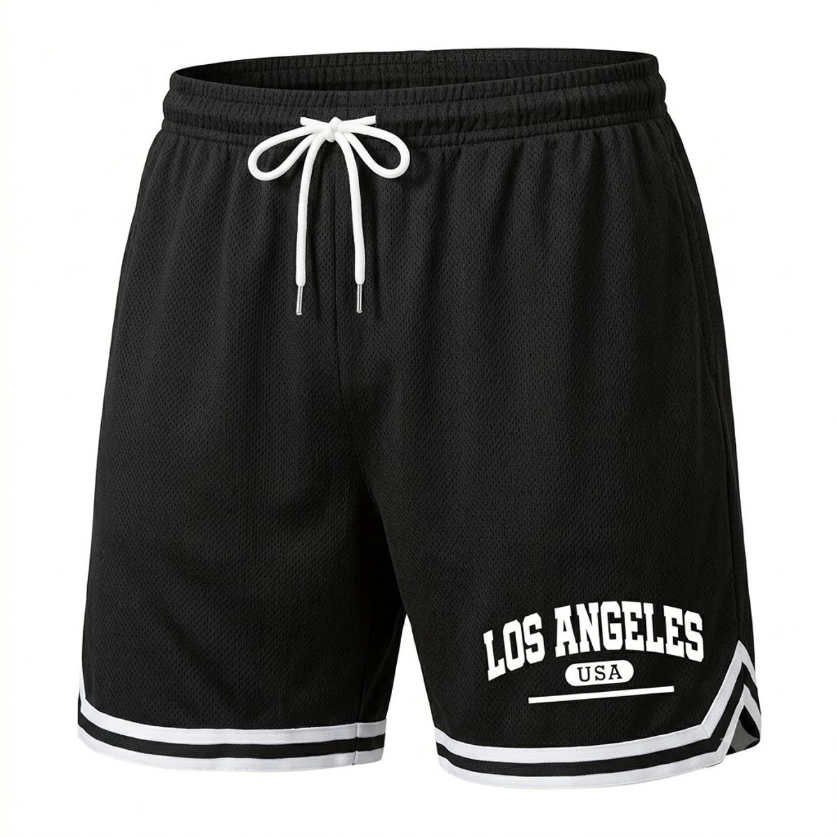 Zwarte heren basketbalshort maat L – sport short met elastische taille, verstelbaar trekkoord, LOS ANGELES print, ruimvallende pasvorm, lichtgewicht korte broek voor hardlopen, sport, training en streetwear