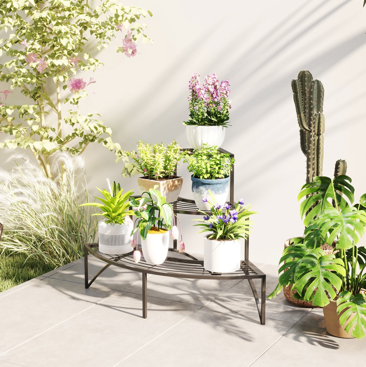 MODFU Plantenstandaard - 3-Laags Hoekmodel - Open - Metaal - Zwart - 87 X 60 X 60 Cm