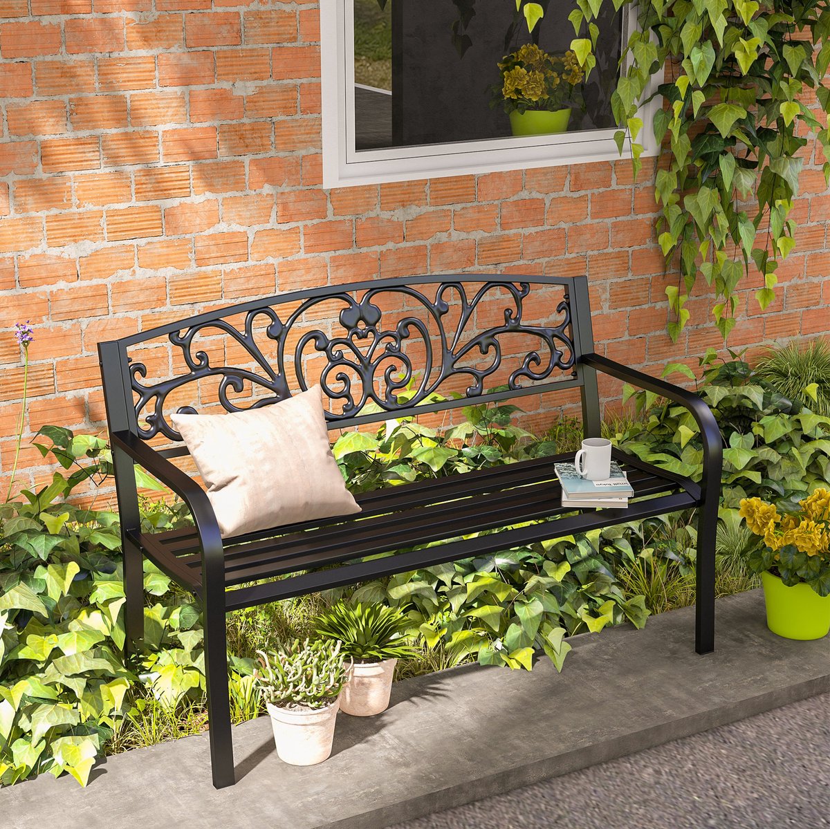 MODFU - Tuinbank - Met Rugleuning En Armleuningen - Bloemmotief - Staal - Zwart - 127 Cm