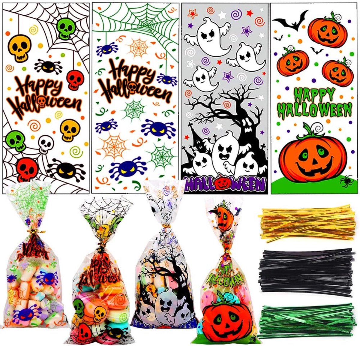 200 Stuks Halloween Cellofaan Traktatiezakjes met Sluitstrips - 27,4 x 12,4 cm - Transparant Uitdeelzakjes - Halloween Decoratie - Geschikt voor Trick or Treat - SOLLBRY®