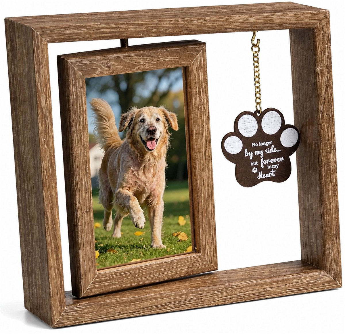 Kaiyaya - 1 stuk Fotolijst - Draaibaar ontwerp voor huisdierherinnering - Houten lijst met pootvormige hanger - Bruin, 23x21cm