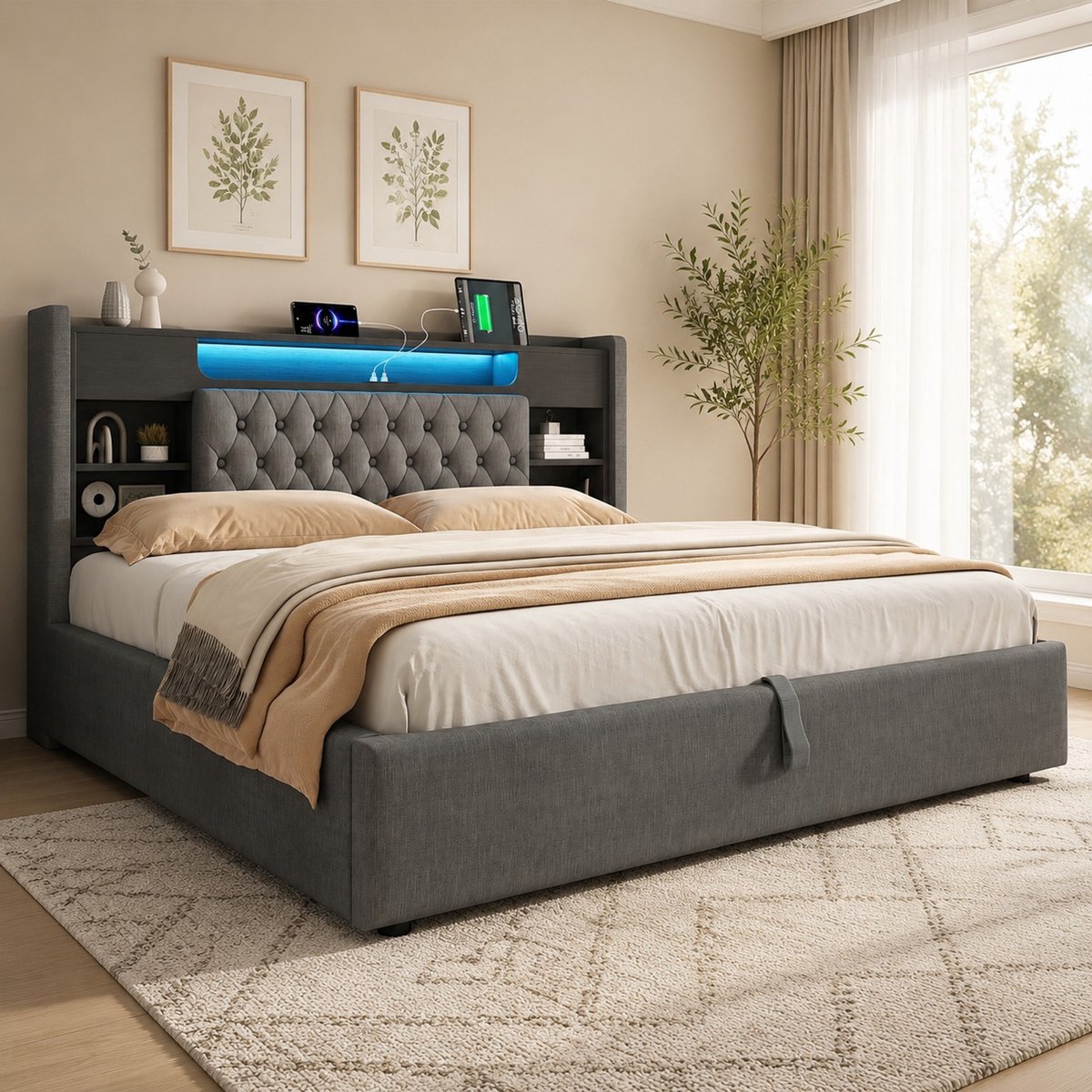 COVREO Bed met hydraulische opbergruimte – 160x200 cm – Gestoffeerd frame met LED en USB-C – hoofdbord met opbergvakken – Grijs - zonder matras