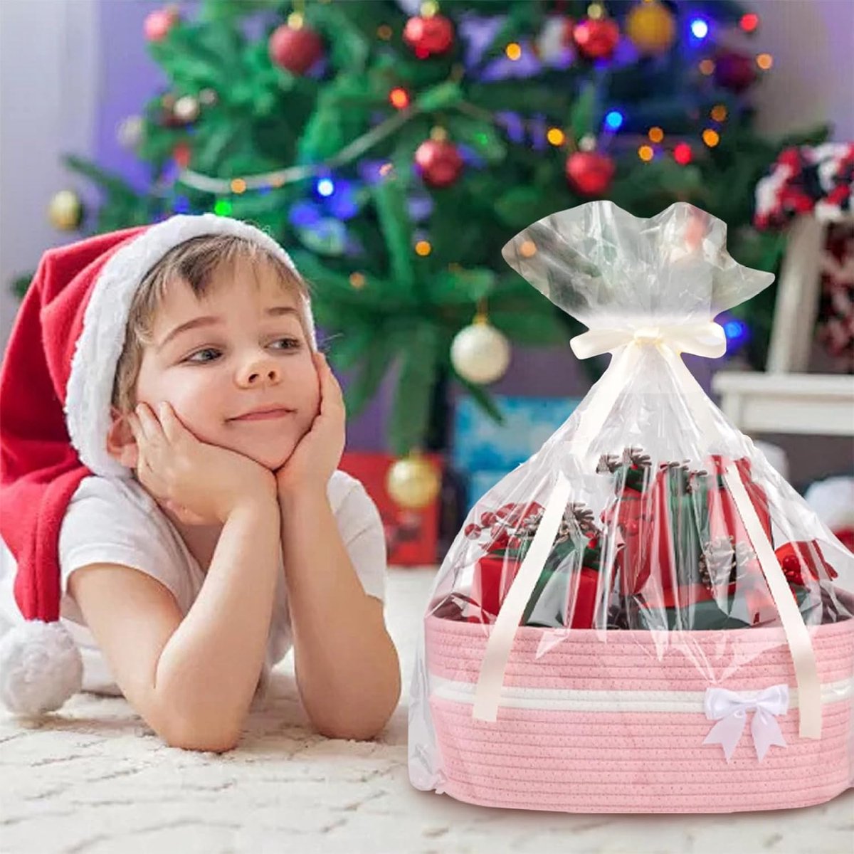 Kerst Cadeau Mand Set - Cadeaumand - 35 x 25 x 15 cm - Gevlochten Mand met Zak en Lint - voor Kerst Cadeaus - roze – foto 2