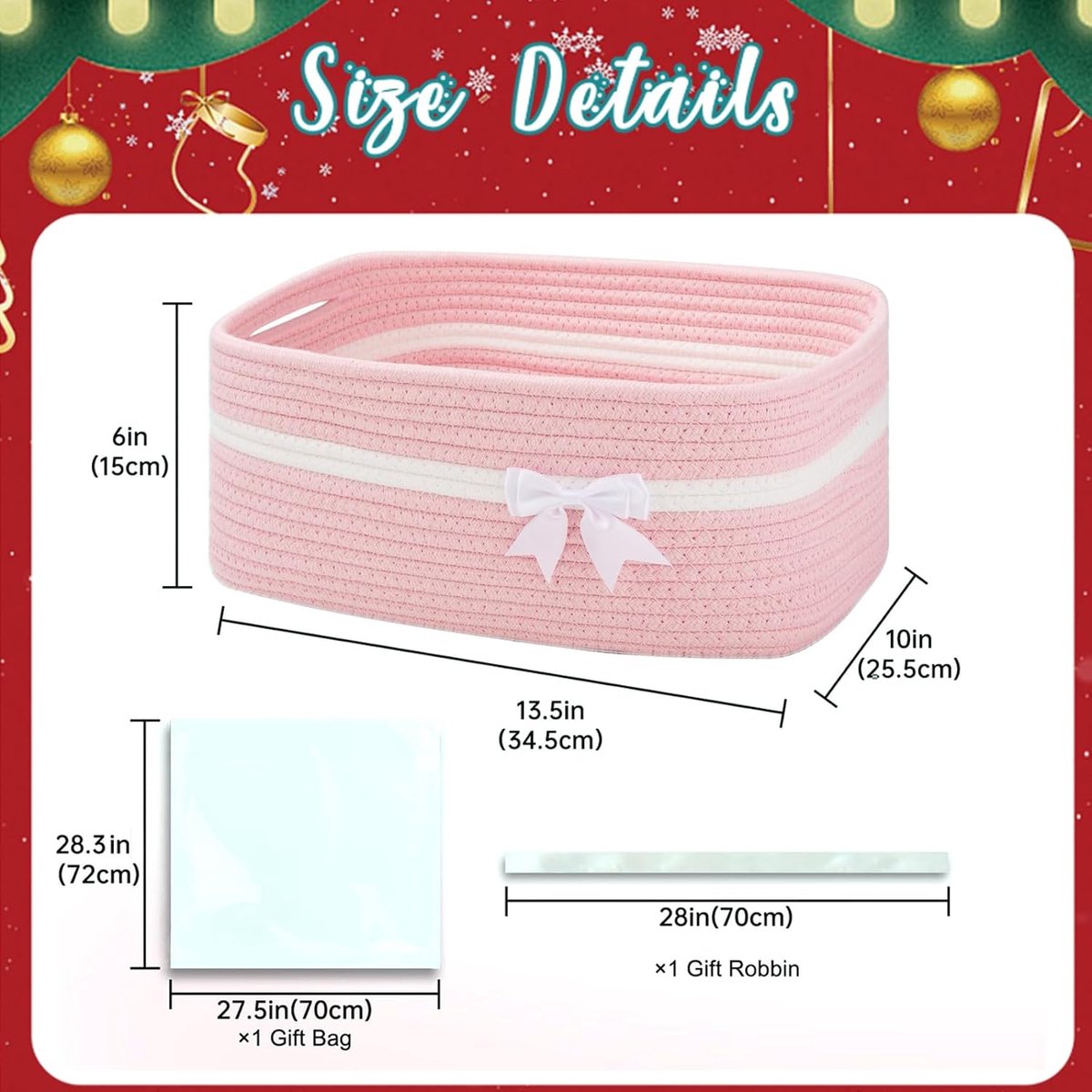 Kerst Cadeau Mand Set - Cadeaumand - 35 x 25 x 15 cm - Gevlochten Mand met Zak en Lint - voor Kerst Cadeaus - roze – foto 4