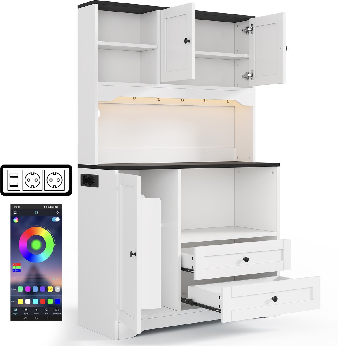Ropilly Hoge witte keukenkast - MDF opbergkast 163cm hoog met lades en planken - Ingebouwd stopcontact en LED - Voor eetkamer en keuken - 100x40x163 cm Wit