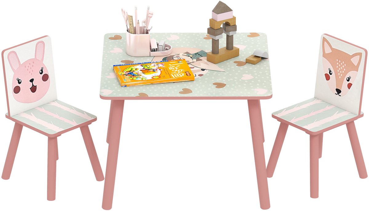 ZONEKIZ Kinder tafel- en stoelset MDF, grenenhout 60L x 60B x 44H cm Roze