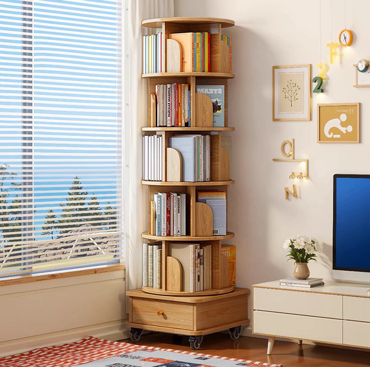 Boekenkast 360 graden draaibaar – 46 x 46 x 173 cm – MDF – Houtkleur – met lade, wielen en open vakken