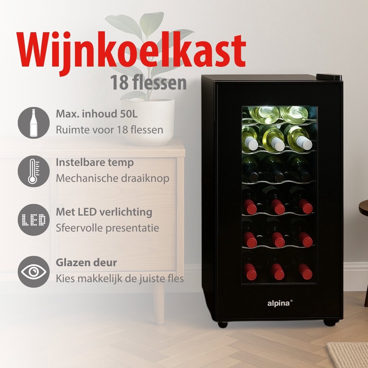 alpina Wijnkoelkast 50L - Wijnklimaatkast Vrijstaand voor 18 - afbeelding 3