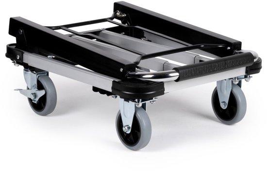 Opvouwbare steekwagen, deels ingeklapt, met zilverkleurige en zwarte onderdelen en grijze wielen.