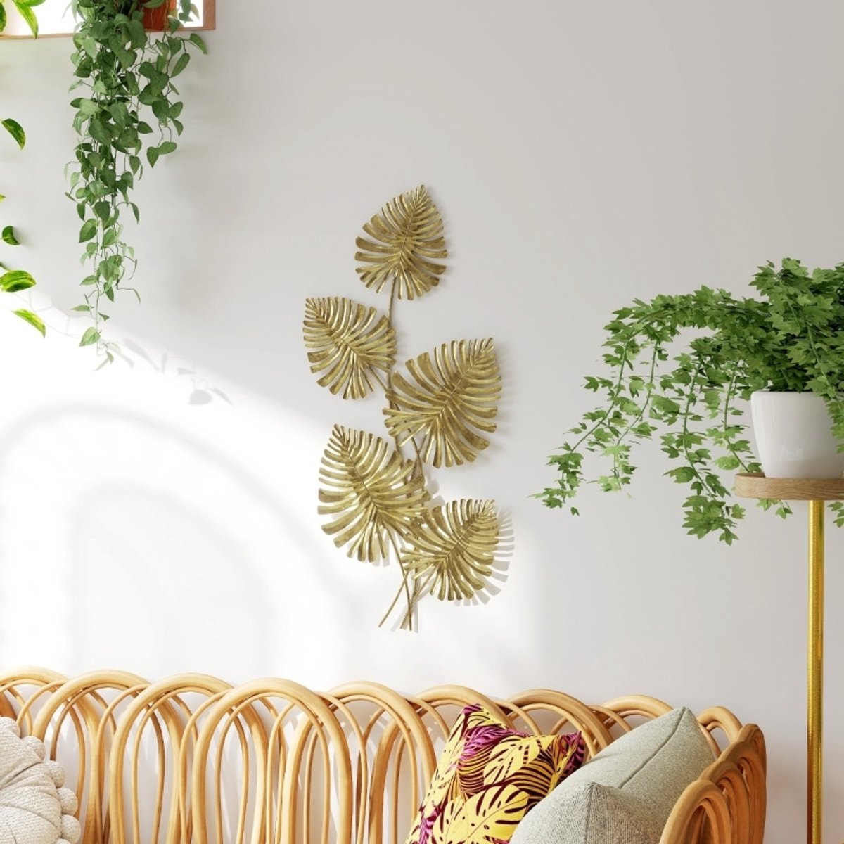 Metalen Wandpaneel – Gouden Monstera Bladeren – 83 x 39 cm – Gelakt Metaal – Goud – Voor Binnengebruik