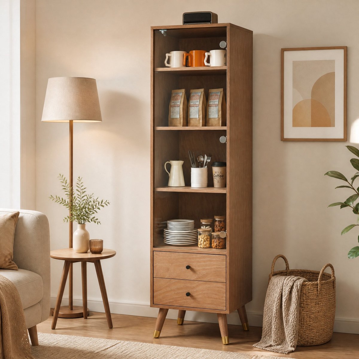 DESMIU Vitrinekast - Glazen Deur Met Drukopening - Voor Woonkamer Badkamer En Kantoor - MDF Houtlook - 39,8x35x160 Cm