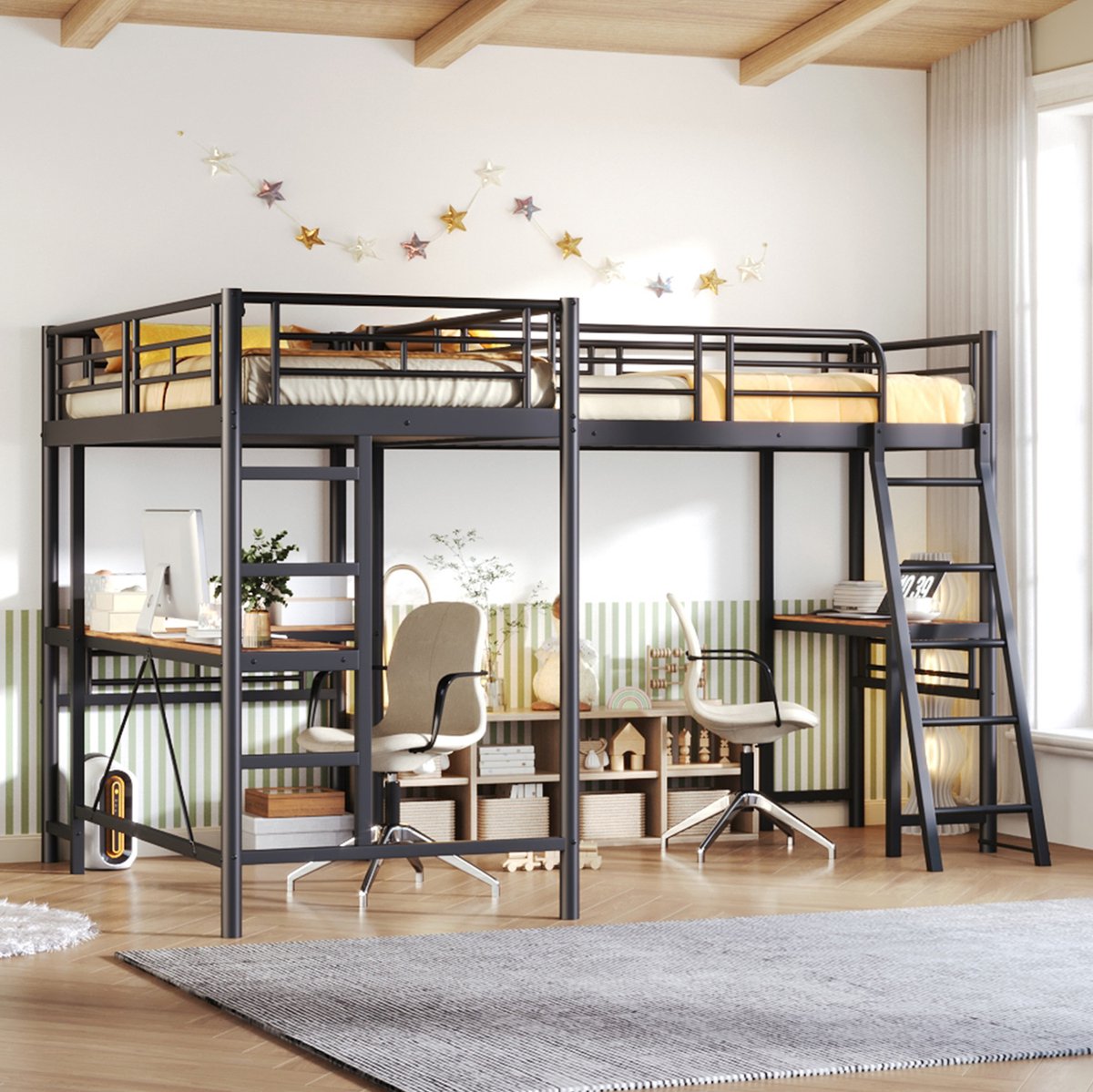 FloraGrace Hoogslaper 90 x 200 cm - Met Bureau En Ladder - Hoge Uitvalbeveiliging - Metaal En MDF - Voor Kinderen - Zwart - Zonder Matras