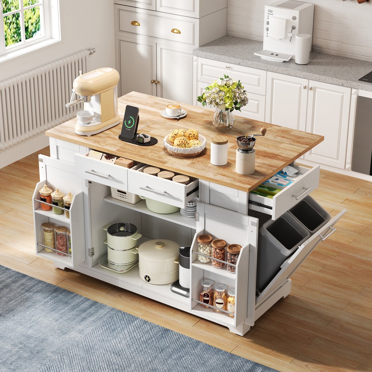 Clruro Keukeneiland - 138x86x92 cm - Klapblad - EU-Stopcontact en Afvalvak - Hout - Wit/Houtlook