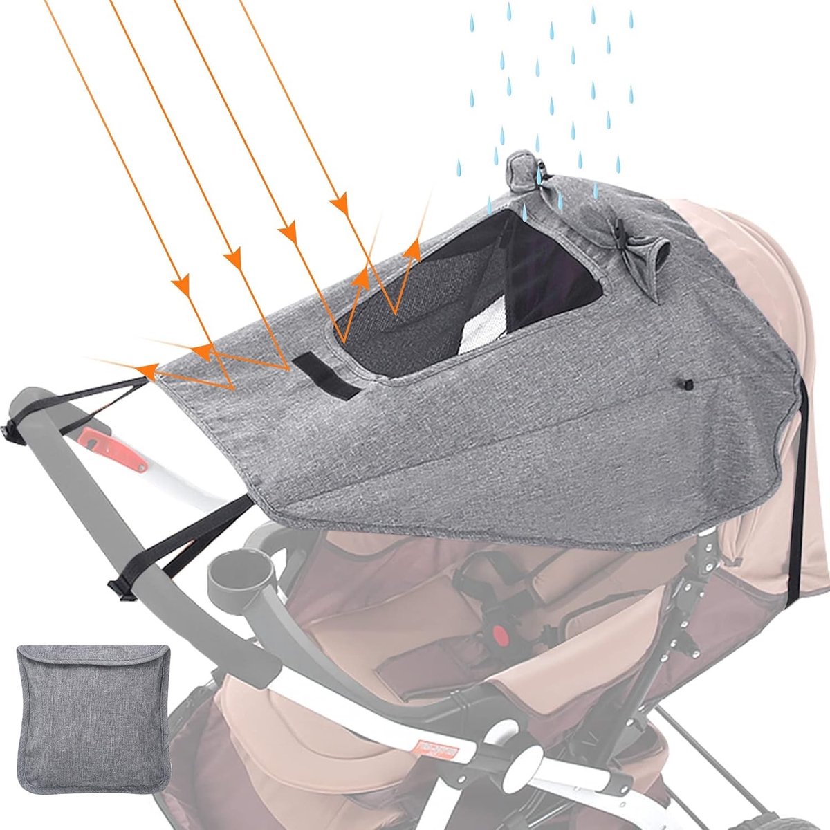 Universele Zonnebescherming voor Kinderwagens, Buggy's en Wagens - Waterdichte Zonnekap met UV Bescherming 50+ en Kijkvenster, Grijs