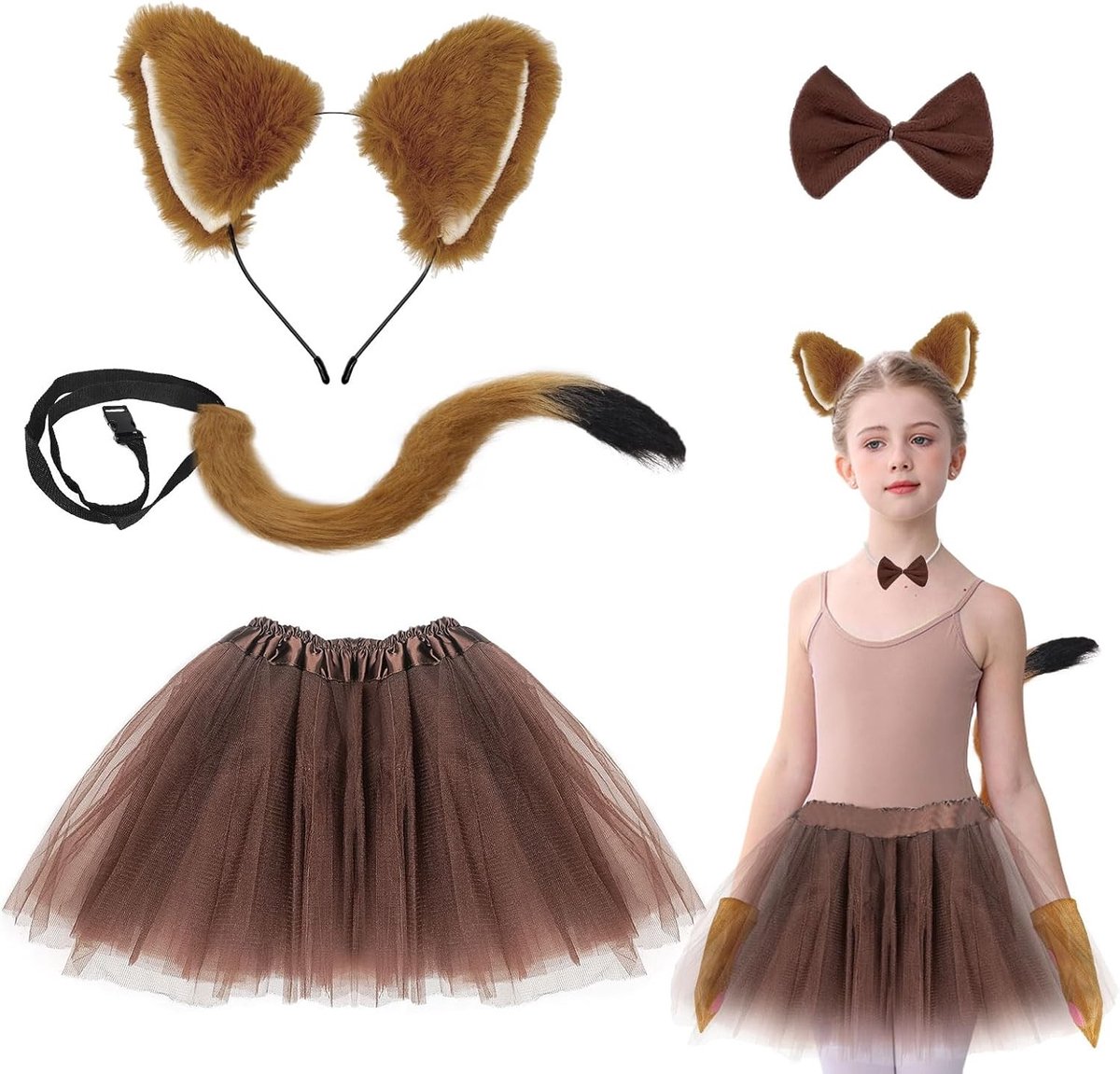 Fox Kostuum voor Kinderen met Oren Hoofdband, Lange Staart en Strik - Dierenverkleedkleding voor Meisjes, Perfect voor Verjaardagen en Wereldboekendag