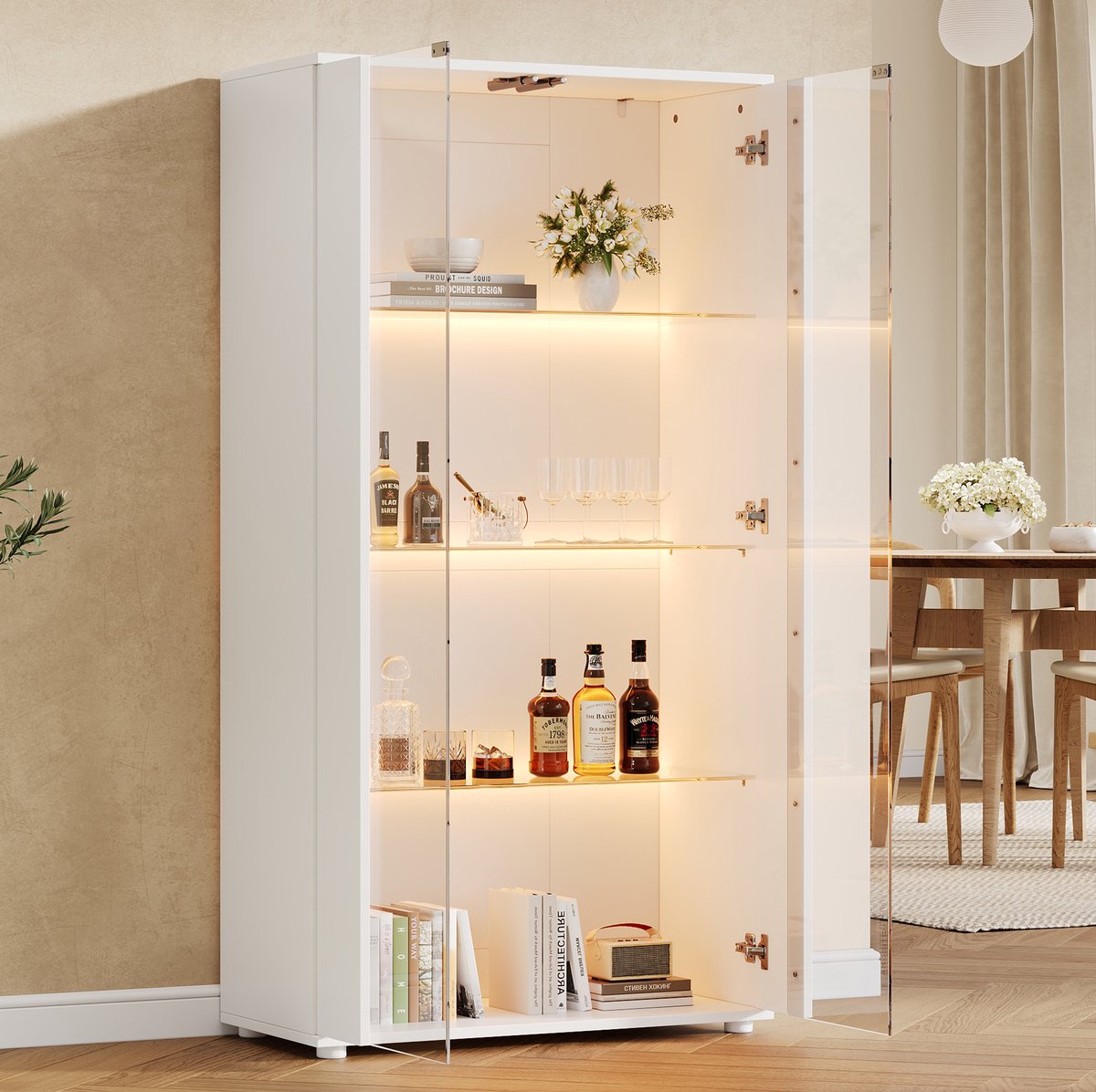 DESMIU Vitrinekast - 2 Glazen Deuren Met 4 Legplanken En Verstelbare Ledverlichting - Voor Woonkamer Of Kantoor - Hout - Wit - 80x36x150,5 Cm