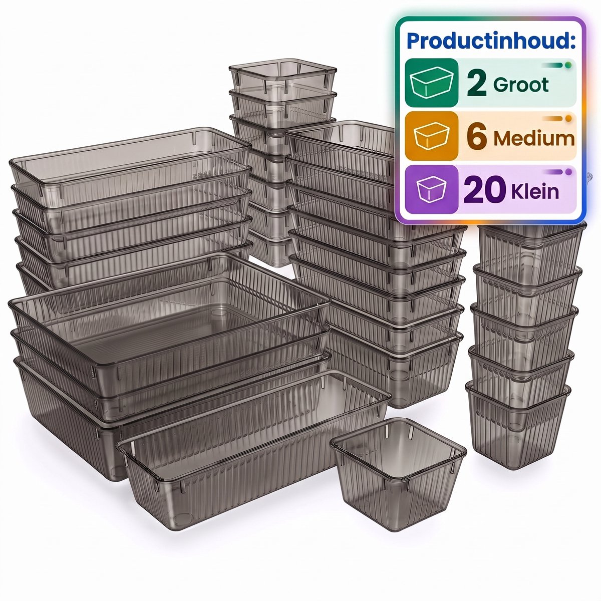 INDECOR Lade Organizer Bakjes - 28 Stuks - Organizer Bakjes - Lade Bakjes - Ladeverdeler - Bestek Organizer - Opbergbakjes - Make-up Organizer - Voor Keuken, Badkamer & Bureau - Kunststof - Fumé