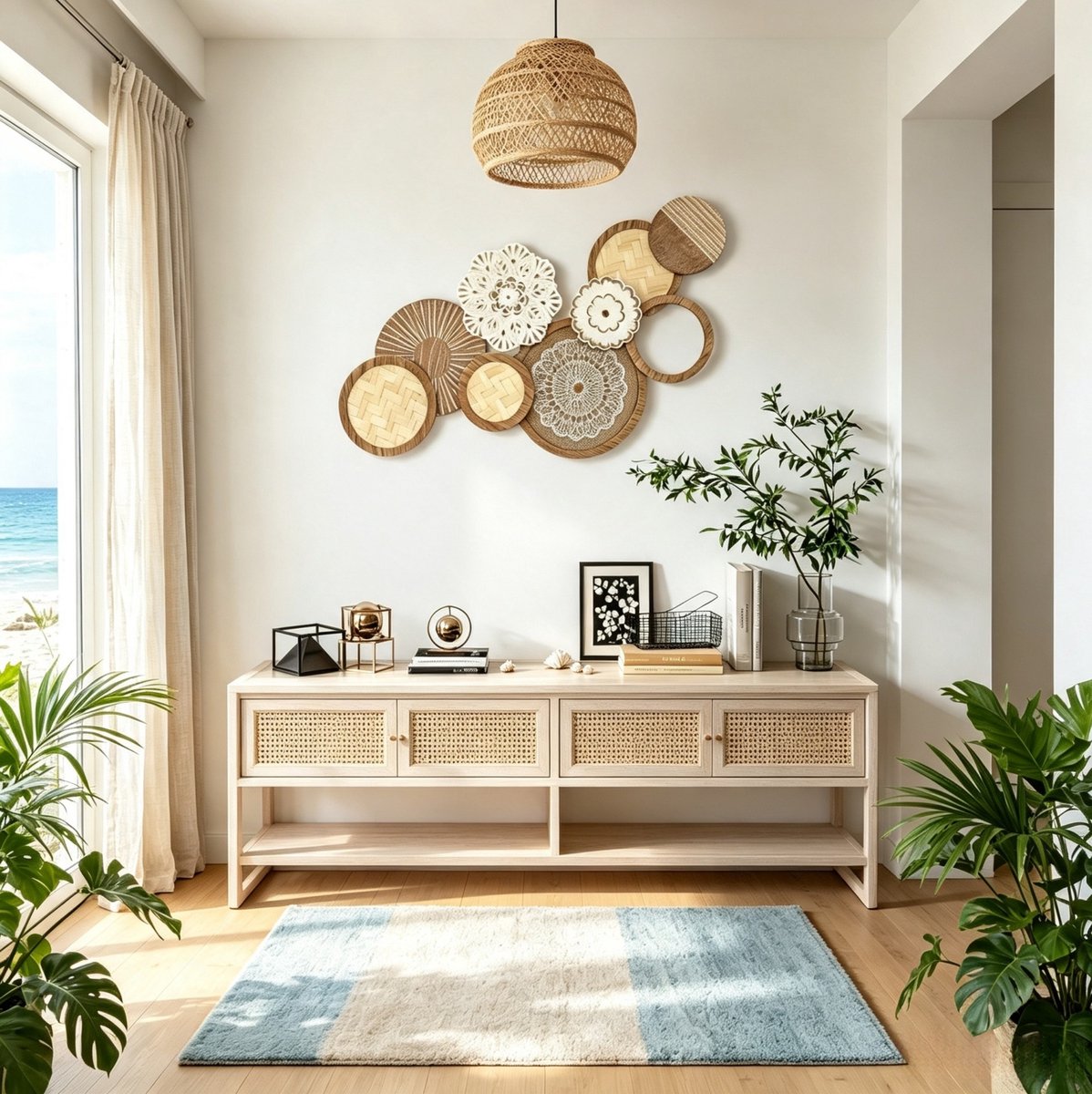 Wandpaneel Moderne Wandskulptuur 83,8 Bij 44,5 cm MDF Hout Naturel Wanddecoratie voor Binnen Met Bamboeaccenten