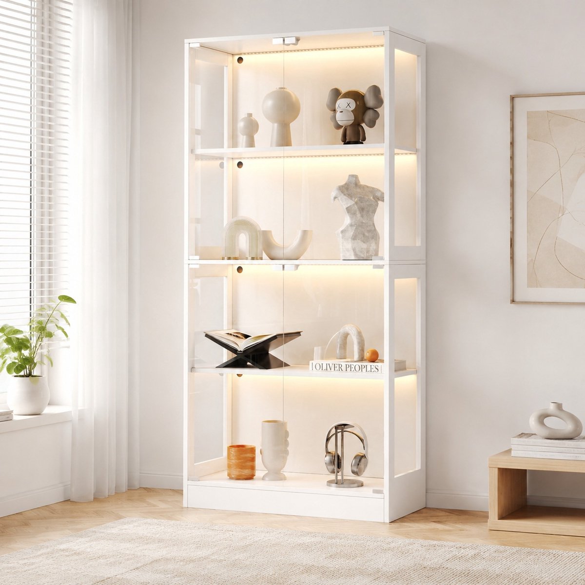DESMIU Vitrinekast - LED-Verlichting Met Bediening Via App - Voor Verzamelingen En Decoratie - MDF En Gehard Glas - 80x35x170 Cm - Wit