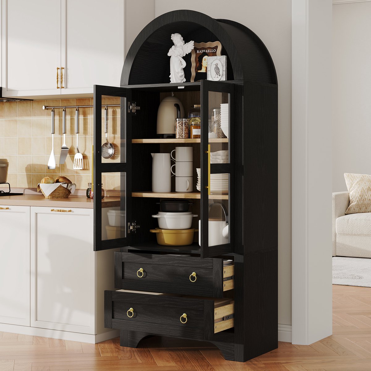 REDOM - Highboard - Transparante glazen deuren - Verstelbare planken - Twee lades - MDF en glas - Zwart - 76.2 x 40.1 x 180 cm