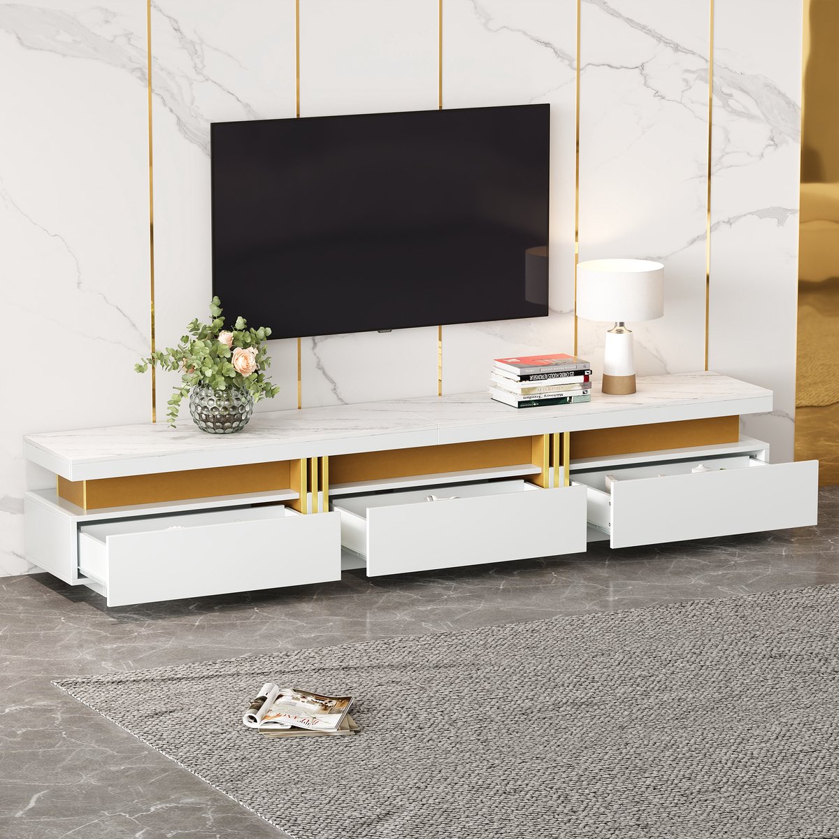 MODFU TV Meubel - Wit - 200 Cm - 40 Cm Diep - 42 Cm Hoog - Spaanplaat - Lades - Marmerlook