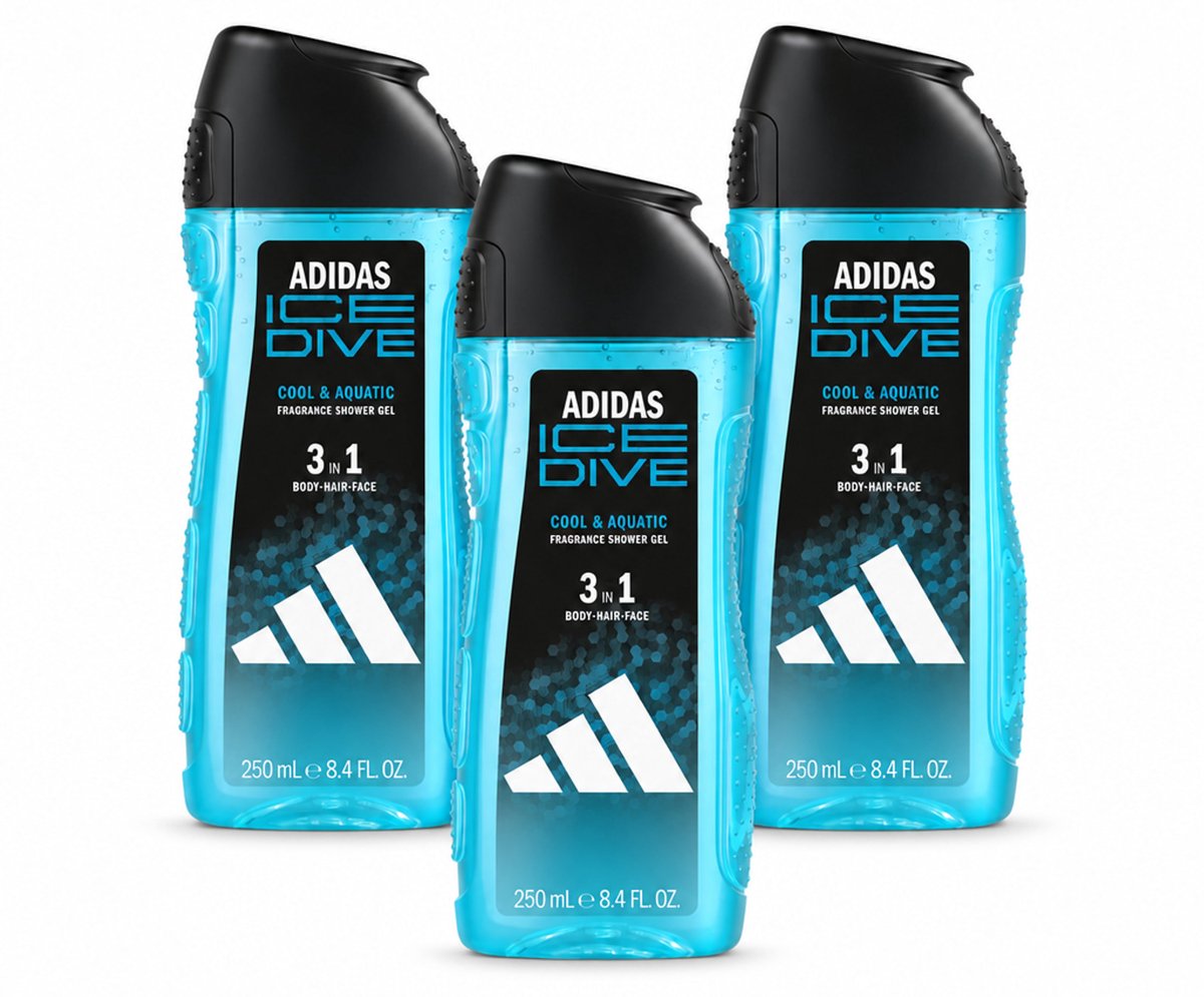 3 x Adidas – Douchegel 3-in-1 – Ice Dive – 250 ml - Voordeelverpakking - 3 stuks