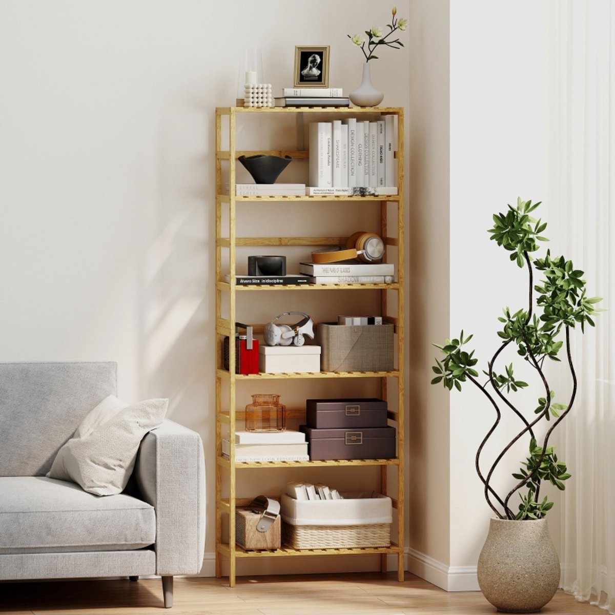 Boekenkast – 6 Niveaus – 161 x 60 x 26 cm – Bamboe – Naturel Hout – Verstelbare Planken – Open Kast