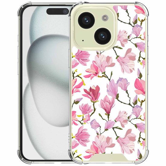 Transparant siliconen hoesje voor iPhone 15 met een patroon van roze magnolia's op een witte achtergrond.