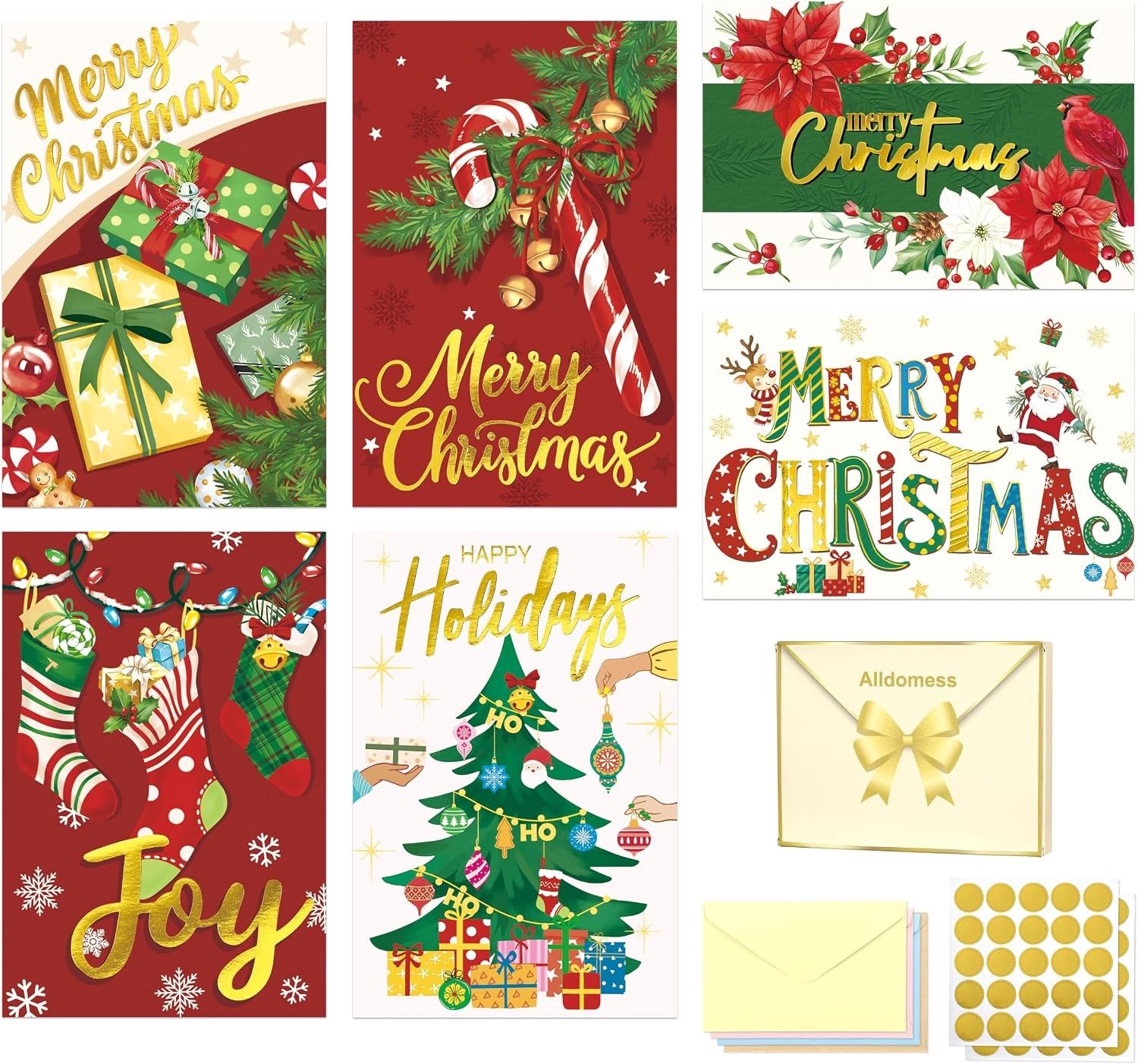 Set van 36 Kerstkaarten - Goudreliëf - 10 x 15 cm - Hoogwaardige Papieren Wenskaarten met Enveloppen - Voor Iedereen