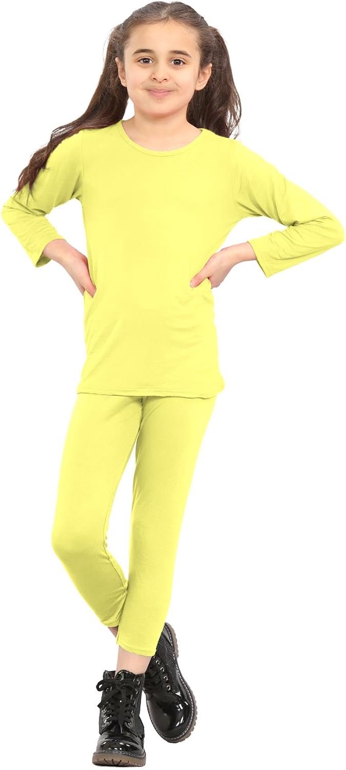 Meisjes Lounge Set, Neon Plain Trainingspak, Lange Mouw Ronde Hals T-Shirt, Elastische Taille Leggings Meisjes, Zomer Casual 2 Stuks Co Ord Set, Kinderen Activewear Sets, Geel, 5-6