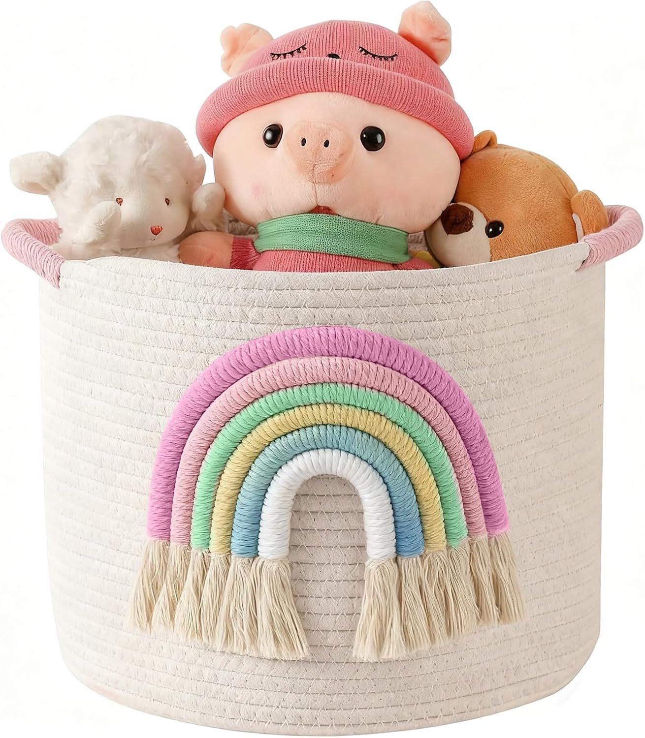 Opbergmanden voor speelgoed, geweven katoenen touw, opbergmand met 3D-regenboogdecoratie voor kinderen, multifunctionele dekenmanden voor woonkamer, speelgoedorganizer met handvat voor geschenken
