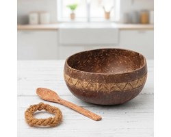 Cocovibes Kokosnoot Bowl - mueslikom, smoothie kokosnoot schaal met anti-kantelring en houten lepel - duurzame dessert & boeddha kom (ARUBA-1)