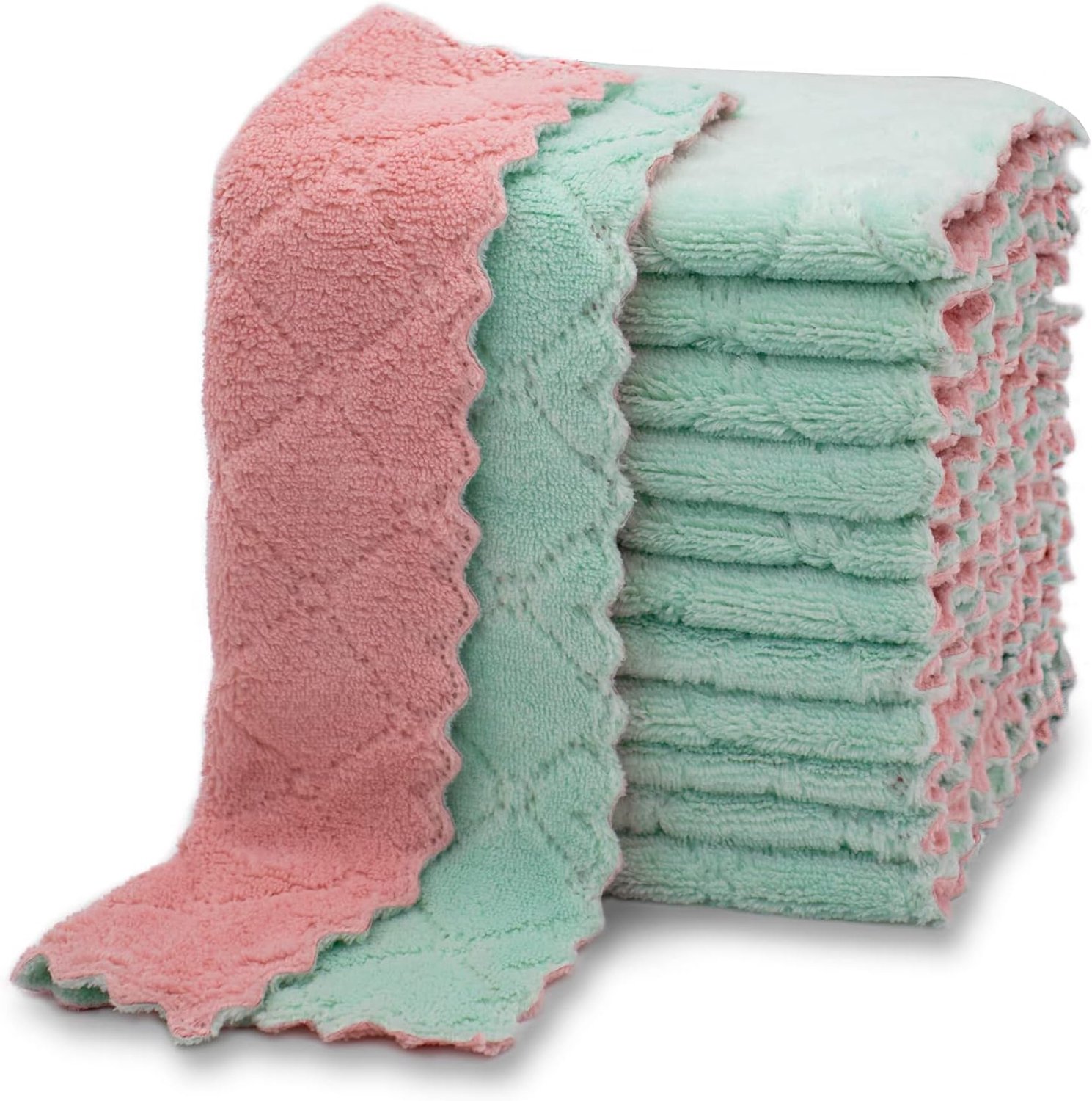 Theedoeken, premium vaatdoeken, super absorberende koraal fluwelen vaatdoeken, anti-aanbak olie wasbaar, sneldrogend (roze-groen)