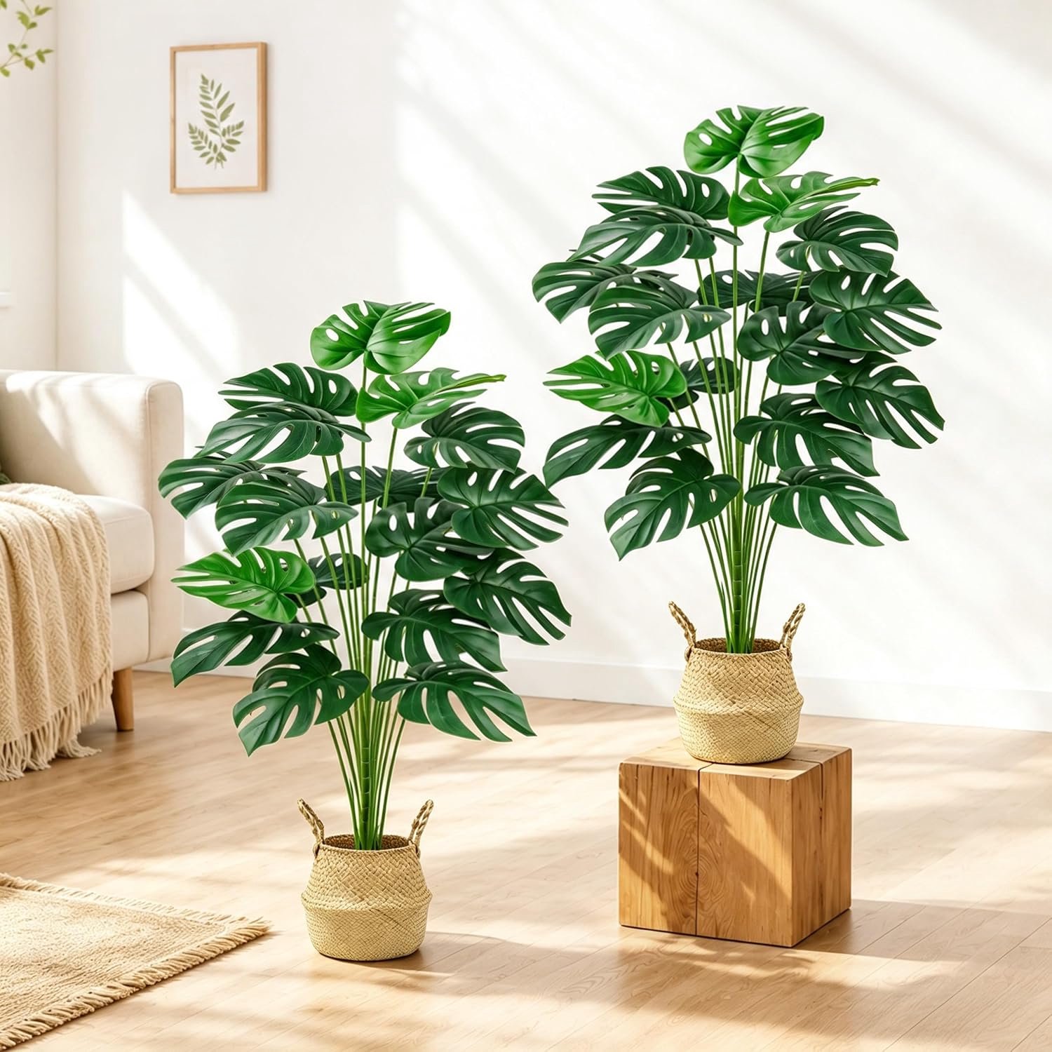 Rose 2 Stks 44" Kunstmatige Monstera Plant met EVA Bladeren en Mand