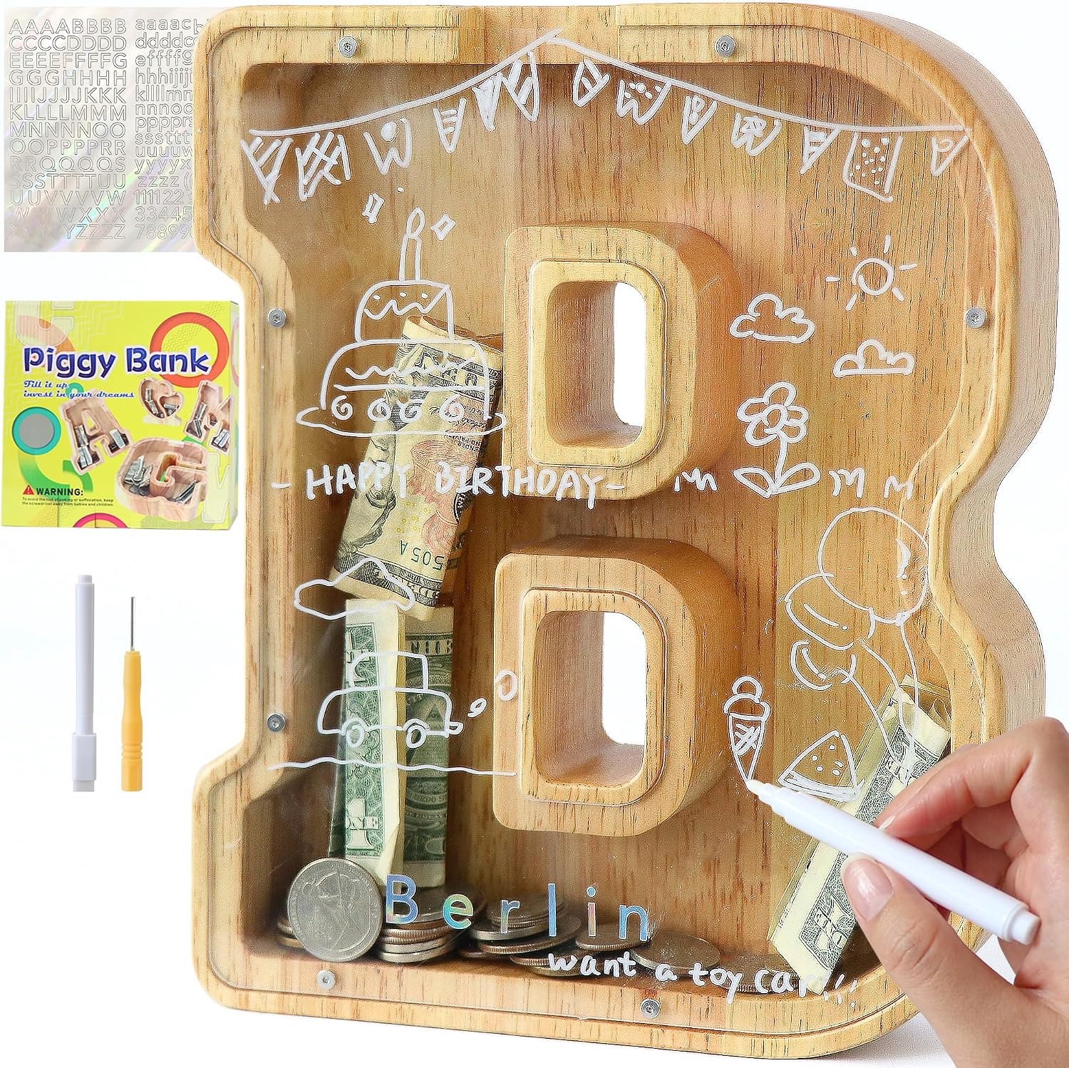 Spaarpot, letters van hout, voor kinderen en volwassenen, groot, A-Z, gepersonaliseerd, spaarvarken met doelbereik, doorzichtig, alfabet, spaarpot, decoratie, doop voor jongens en meisjes (B)