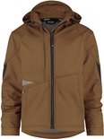 Bruine softshell jas met capuchon, ritssluiting, grijze accenten op de mouwen en zijkanten met reflecterende details.