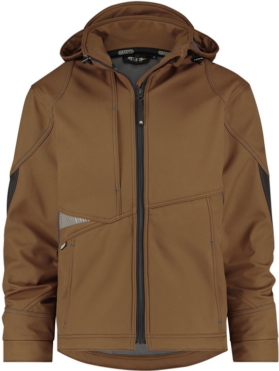 Bruine softshell jas met capuchon, ritssluiting, grijze accenten op de mouwen en zijkanten met reflecterende details.