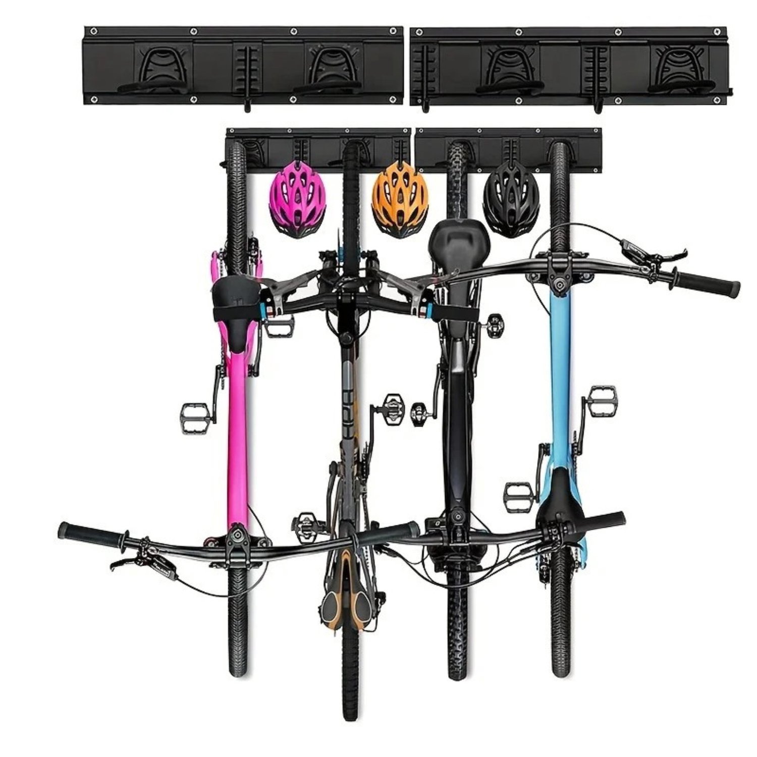 Noventra Fietsenrek voor 4 Fietsen – Fietsenrek Muur – Fietsenhouder Wand – Fiets Ophangsysteem voor Garage, Schuur en Berging – Ruimtebesparend Fietsenrek – Zwart
