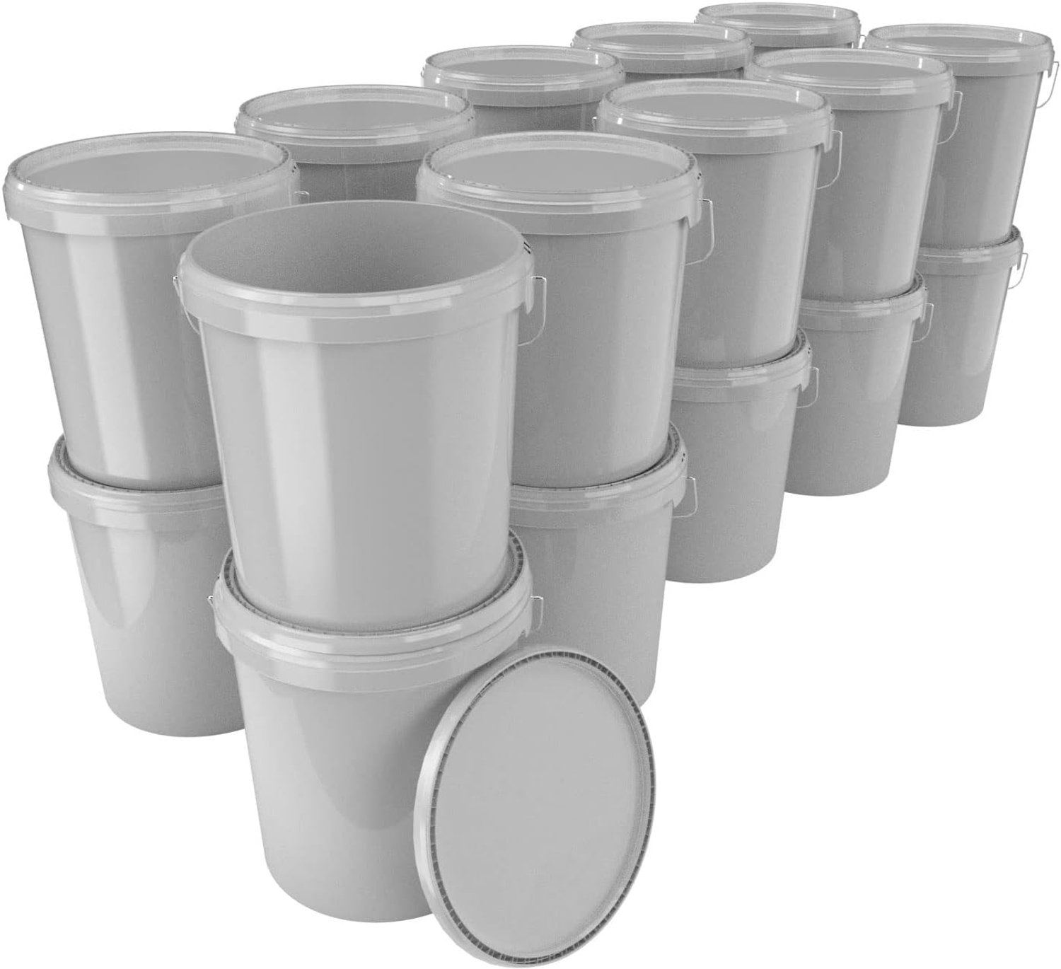 Emmer met deksel, 16 liter, luchtdicht en stabiel, geschikt voor levensmiddelen, leeg met handvat, deksel, geschikt voor levensmiddelen, chemicaliën, muurverf, waspoeder, lijm, 100 stuks, grijs