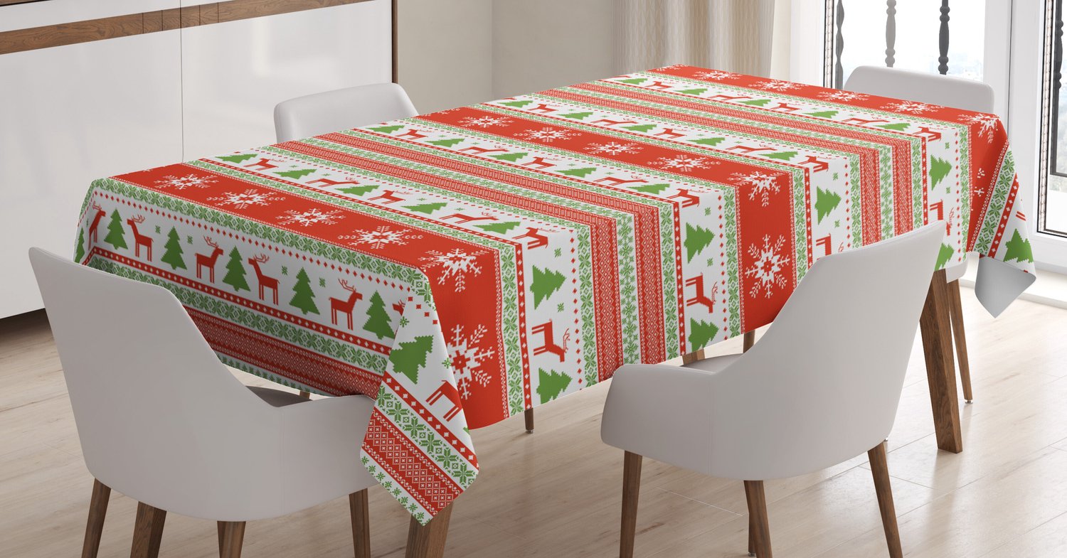 ABAKUHAUS Kerst Tafelkleed, Reindeer Snowflake, Print met heldere kleuren zonder vervaging, wasbaar voor binnen- en buitengebruik, 140 x 200 cm, Vermiljoen Groen Wit