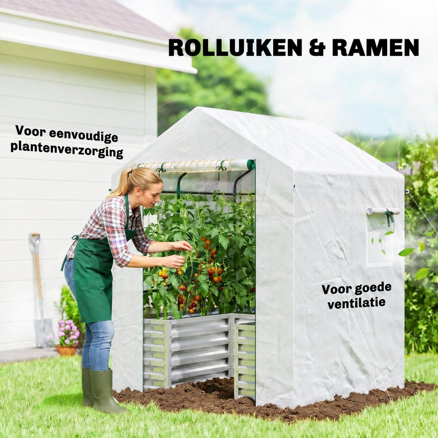 Tomatenkas met verhoogde kweekbak - Foliekas met oprolbare deur en raam - Stalen frame en schuin dak - Wit - 141 x 141 x 190 cm